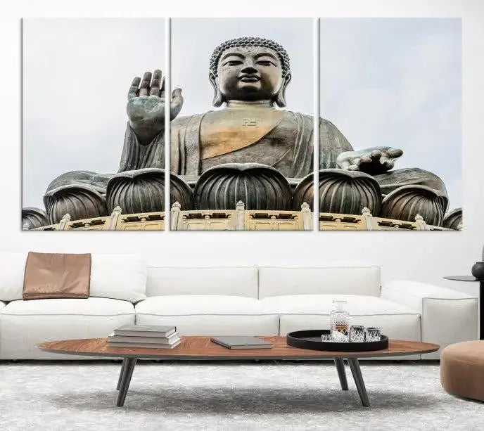 The living room features the Buddha Statue Wall Art Canvas Print, a museum-quality triptych of a large seated Buddha statue on UV-protective canvas.