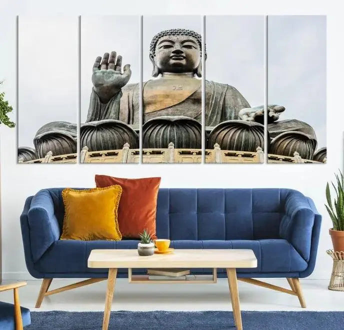 The living room features the Buddha Statue Wall Art Canvas Print, a museum-quality triptych of a large seated Buddha statue on UV-protective canvas.