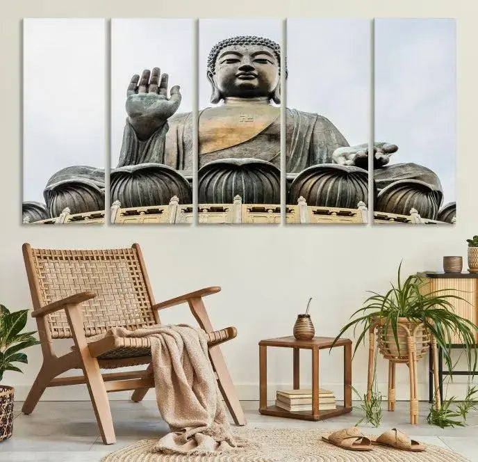 The living room features the Buddha Statue Wall Art Canvas Print, a museum-quality triptych of a large seated Buddha statue on UV-protective canvas.