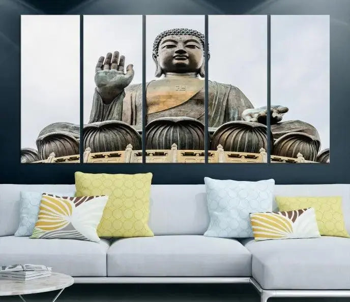 The living room features the Buddha Statue Wall Art Canvas Print, a museum-quality triptych of a large seated Buddha statue on UV-protective canvas.