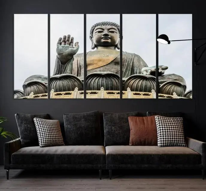 The living room features the Buddha Statue Wall Art Canvas Print, a museum-quality triptych of a large seated Buddha statue on UV-protective canvas.