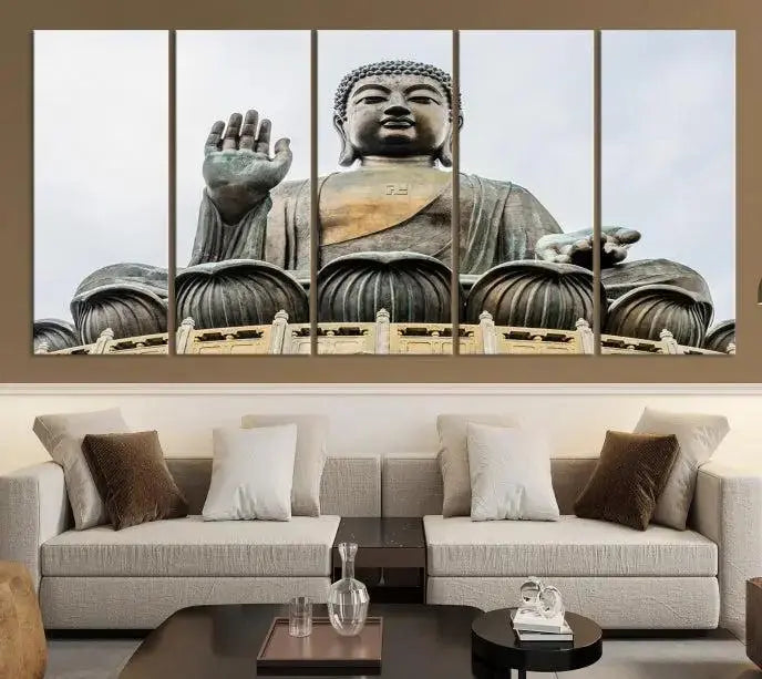 The living room features the Buddha Statue Wall Art Canvas Print, a museum-quality triptych of a large seated Buddha statue on UV-protective canvas.