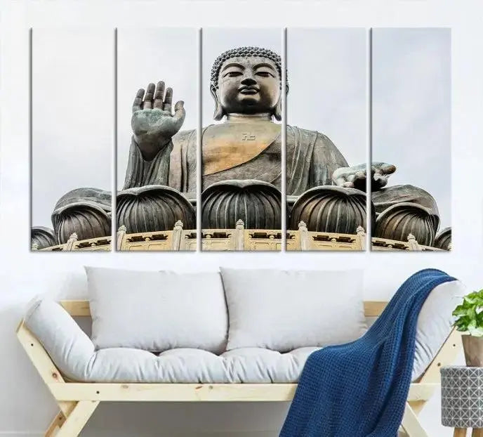 The living room features the Buddha Statue Wall Art Canvas Print, a museum-quality triptych of a large seated Buddha statue on UV-protective canvas.