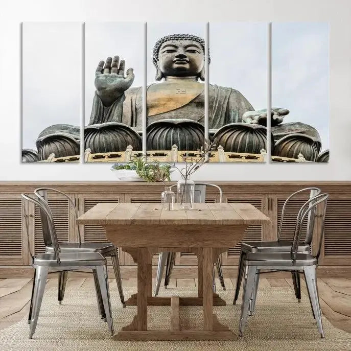 The living room features the Buddha Statue Wall Art Canvas Print, a museum-quality triptych of a large seated Buddha statue on UV-protective canvas.