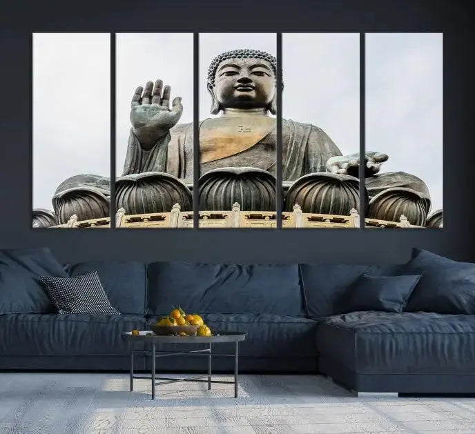 The living room features the Buddha Statue Wall Art Canvas Print, a museum-quality triptych of a large seated Buddha statue on UV-protective canvas.