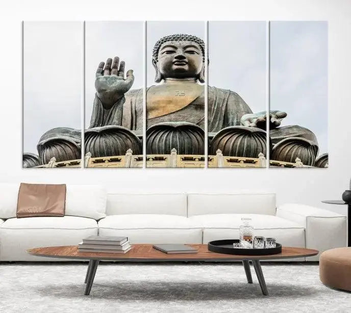 The living room features the Buddha Statue Wall Art Canvas Print, a museum-quality triptych of a large seated Buddha statue on UV-protective canvas.