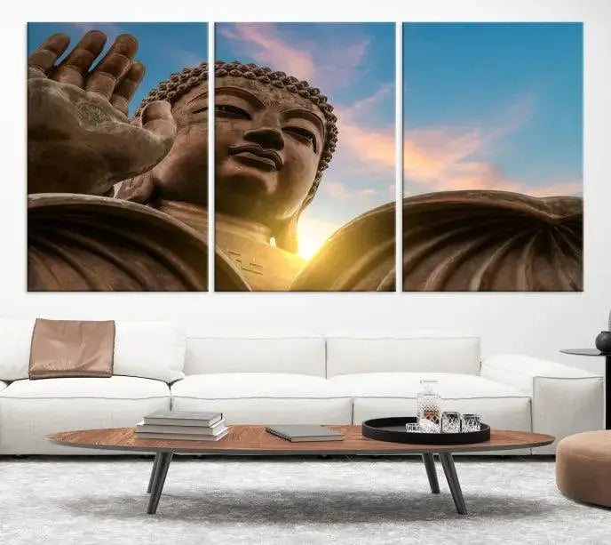 The Daylight Wall Art Canvas Print features a large Buddha statue with a serene expression, set against a sunrise sky on museum-quality polycotton canvas. Designed for modern living room decor, this ready-to-hang artwork includes a UV-protective coating to ensure lasting vibrancy.