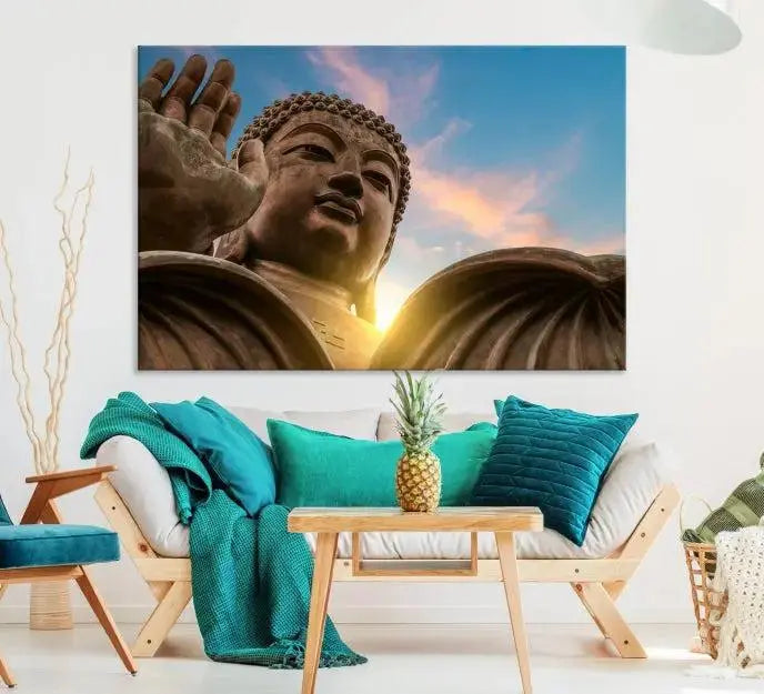 The Daylight Wall Art Canvas Print features a large Buddha statue with a serene expression, set against a sunrise sky on museum-quality polycotton canvas. Designed for modern living room decor, this ready-to-hang artwork includes a UV-protective coating to ensure lasting vibrancy.