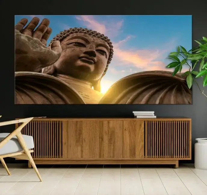 The Daylight Wall Art Canvas Print features a large Buddha statue with a serene expression, set against a sunrise sky on museum-quality polycotton canvas. Designed for modern living room decor, this ready-to-hang artwork includes a UV-protective coating to ensure lasting vibrancy.