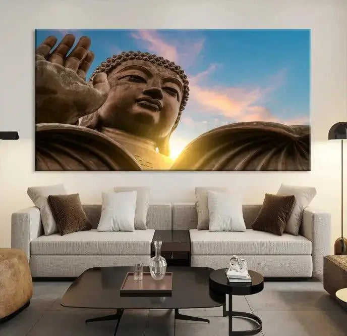 The Daylight Wall Art Canvas Print features a large Buddha statue with a serene expression, set against a sunrise sky on museum-quality polycotton canvas. Designed for modern living room decor, this ready-to-hang artwork includes a UV-protective coating to ensure lasting vibrancy.