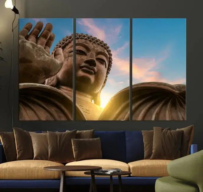 The Daylight Wall Art Canvas Print features a large Buddha statue with a serene expression, set against a sunrise sky on museum-quality polycotton canvas. Designed for modern living room decor, this ready-to-hang artwork includes a UV-protective coating to ensure lasting vibrancy.