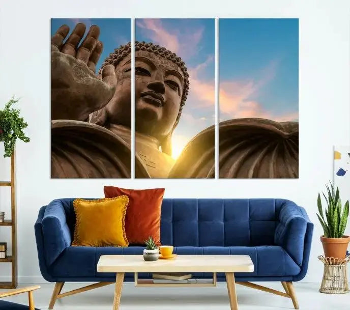 The Daylight Wall Art Canvas Print features a large Buddha statue with a serene expression, set against a sunrise sky on museum-quality polycotton canvas. Designed for modern living room decor, this ready-to-hang artwork includes a UV-protective coating to ensure lasting vibrancy.