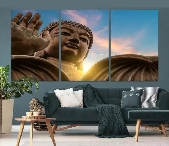 The Daylight Wall Art Canvas Print features a large Buddha statue with a serene expression, set against a sunrise sky on museum-quality polycotton canvas. Designed for modern living room decor, this ready-to-hang artwork includes a UV-protective coating to ensure lasting vibrancy.