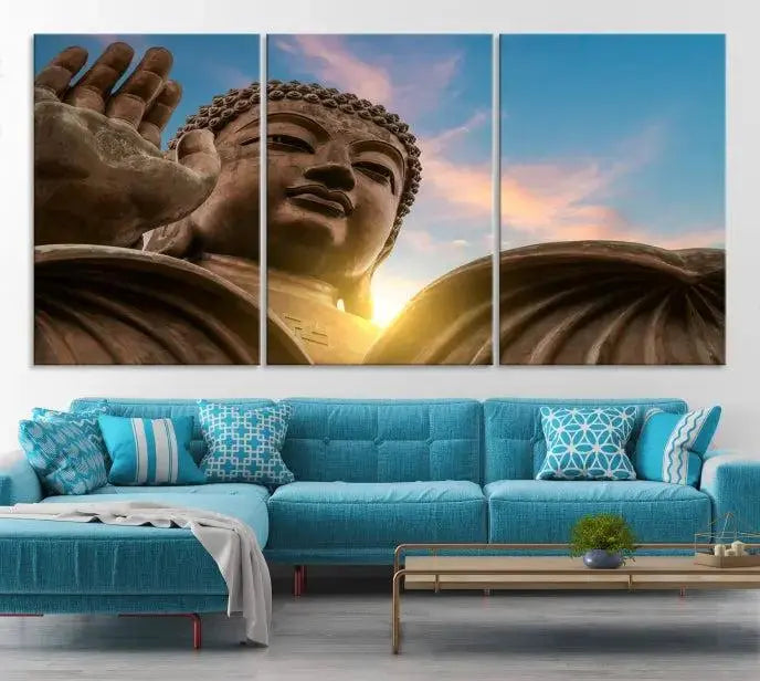 The Daylight Wall Art Canvas Print features a large Buddha statue with a serene expression, set against a sunrise sky on museum-quality polycotton canvas. Designed for modern living room decor, this ready-to-hang artwork includes a UV-protective coating to ensure lasting vibrancy.