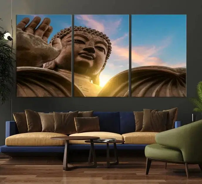 The Daylight Wall Art Canvas Print features a large Buddha statue with a serene expression, set against a sunrise sky on museum-quality polycotton canvas. Designed for modern living room decor, this ready-to-hang artwork includes a UV-protective coating to ensure lasting vibrancy.