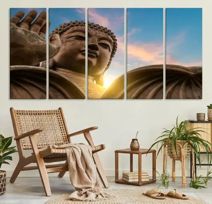 The Daylight Wall Art Canvas Print features a large Buddha statue with a serene expression, set against a sunrise sky on museum-quality polycotton canvas. Designed for modern living room decor, this ready-to-hang artwork includes a UV-protective coating to ensure lasting vibrancy.