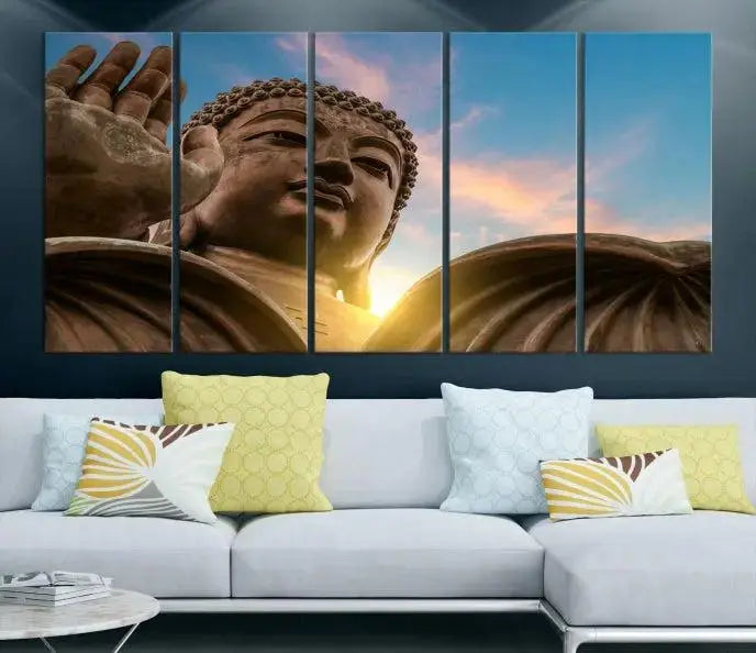 The Daylight Wall Art Canvas Print features a large Buddha statue with a serene expression, set against a sunrise sky on museum-quality polycotton canvas. Designed for modern living room decor, this ready-to-hang artwork includes a UV-protective coating to ensure lasting vibrancy.