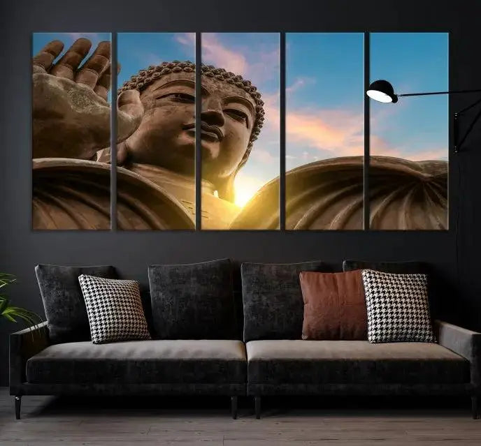 The Daylight Wall Art Canvas Print features a large Buddha statue with a serene expression, set against a sunrise sky on museum-quality polycotton canvas. Designed for modern living room decor, this ready-to-hang artwork includes a UV-protective coating to ensure lasting vibrancy.