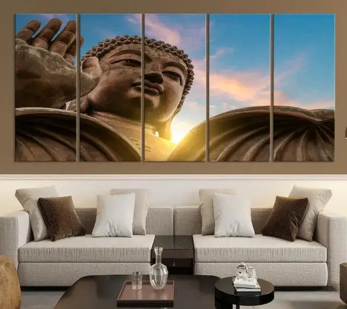 The Daylight Wall Art Canvas Print features a large Buddha statue with a serene expression, set against a sunrise sky on museum-quality polycotton canvas. Designed for modern living room decor, this ready-to-hang artwork includes a UV-protective coating to ensure lasting vibrancy.