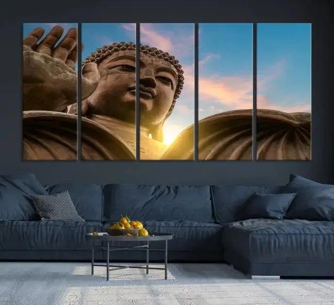 The Daylight Wall Art Canvas Print features a large Buddha statue with a serene expression, set against a sunrise sky on museum-quality polycotton canvas. Designed for modern living room decor, this ready-to-hang artwork includes a UV-protective coating to ensure lasting vibrancy.