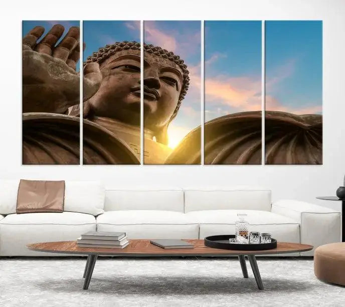 The Daylight Wall Art Canvas Print features a large Buddha statue with a serene expression, set against a sunrise sky on museum-quality polycotton canvas. Designed for modern living room decor, this ready-to-hang artwork includes a UV-protective coating to ensure lasting vibrancy.