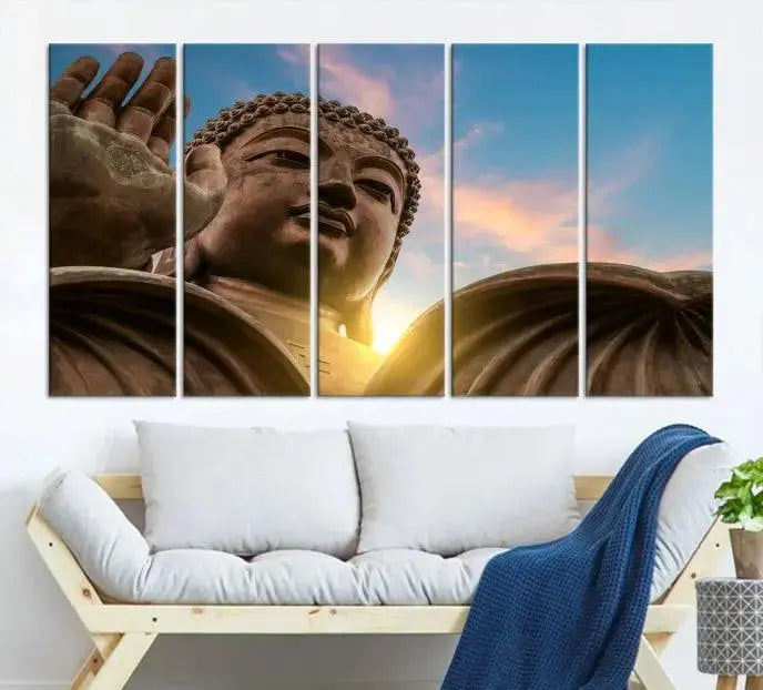 The Daylight Wall Art Canvas Print features a large Buddha statue with a serene expression, set against a sunrise sky on museum-quality polycotton canvas. Designed for modern living room decor, this ready-to-hang artwork includes a UV-protective coating to ensure lasting vibrancy.