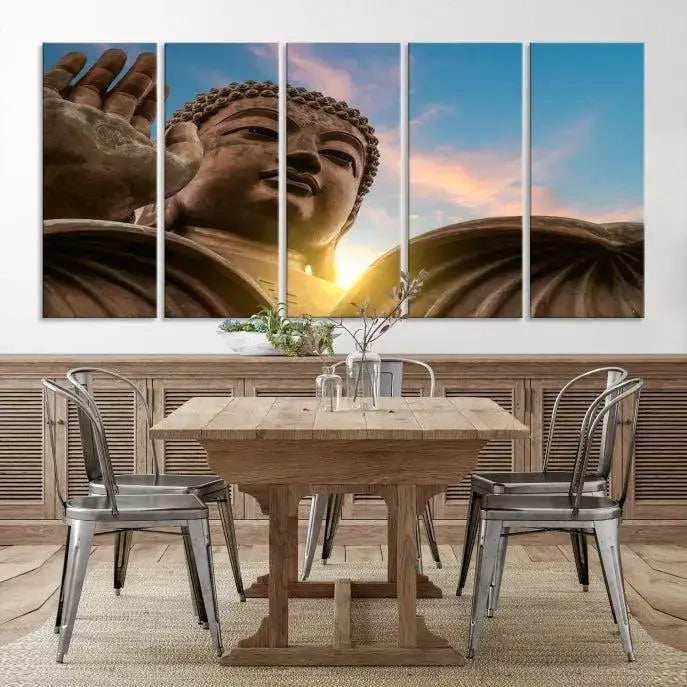 The Daylight Wall Art Canvas Print features a large Buddha statue with a serene expression, set against a sunrise sky on museum-quality polycotton canvas. Designed for modern living room decor, this ready-to-hang artwork includes a UV-protective coating to ensure lasting vibrancy.