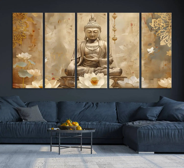 A peaceful Buddha Wall Art Canvas Print enhances the dark wall, creating an atmosphere of mindfulness.