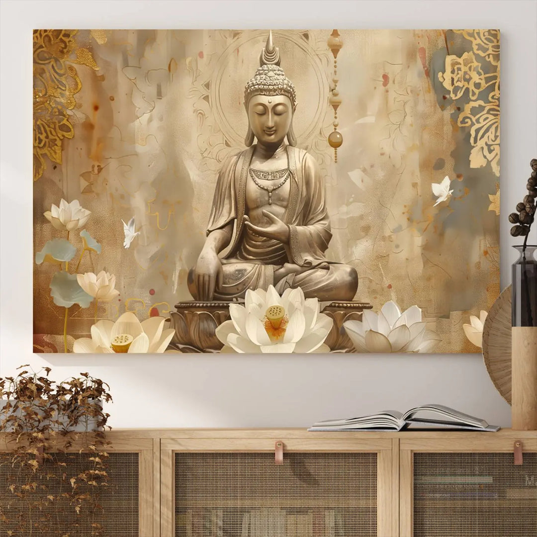 A peaceful Buddha Wall Art Canvas Print enhances the dark wall, creating an atmosphere of mindfulness.