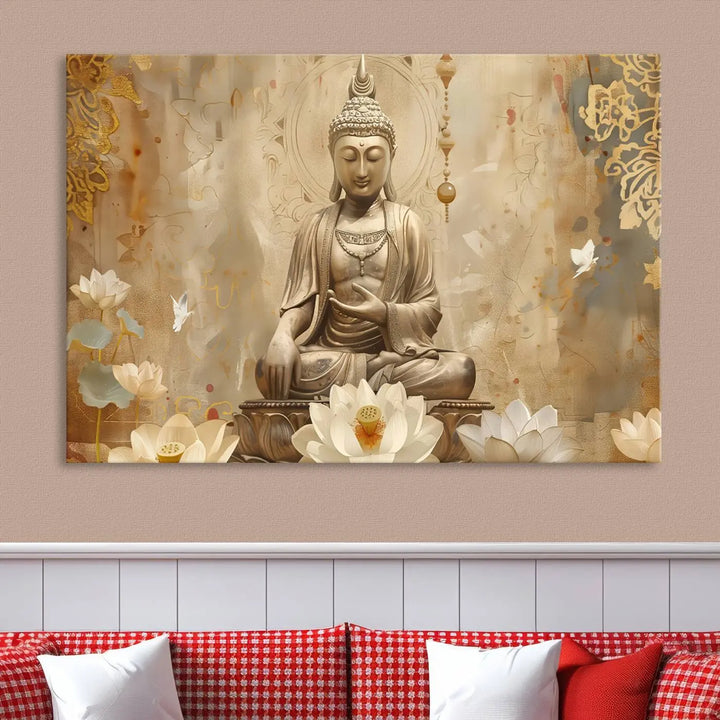 A peaceful Buddha Wall Art Canvas Print enhances the dark wall, creating an atmosphere of mindfulness.