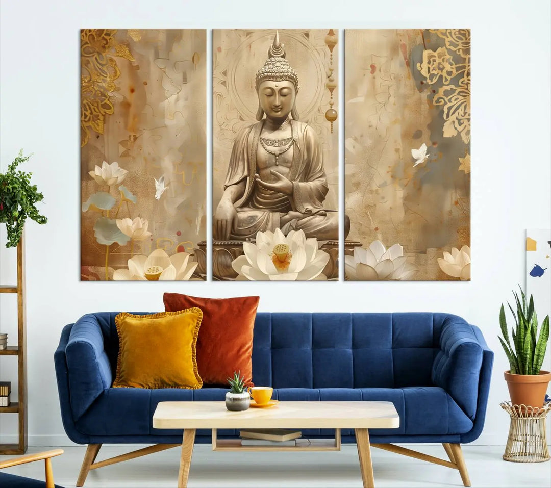 A peaceful Buddha Wall Art Canvas Print enhances the dark wall, creating an atmosphere of mindfulness.