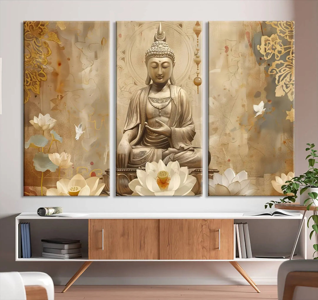 A peaceful Buddha Wall Art Canvas Print enhances the dark wall, creating an atmosphere of mindfulness.