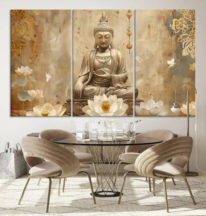 A peaceful Buddha Wall Art Canvas Print enhances the dark wall, creating an atmosphere of mindfulness.