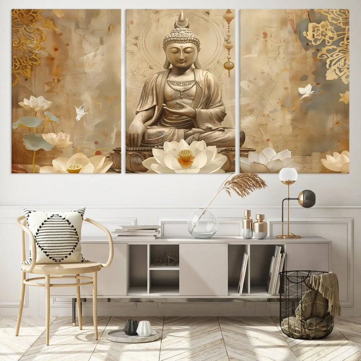 A peaceful Buddha Wall Art Canvas Print enhances the dark wall, creating an atmosphere of mindfulness.