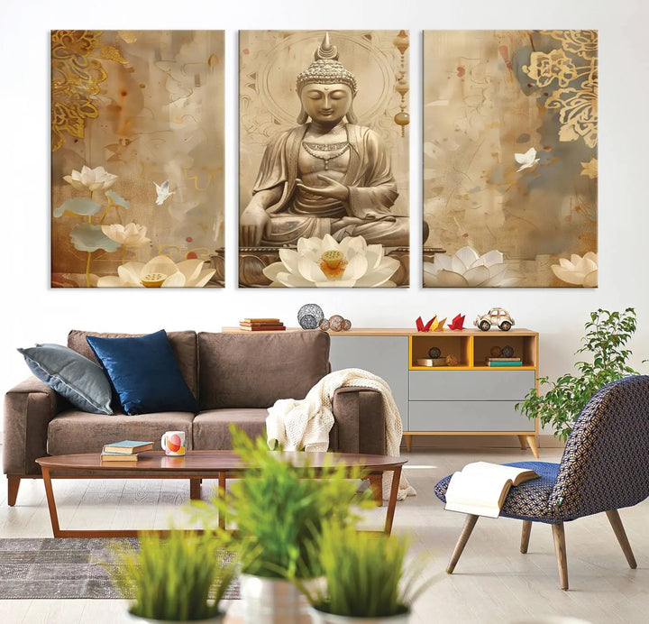 A peaceful Buddha Wall Art Canvas Print enhances the dark wall, creating an atmosphere of mindfulness.