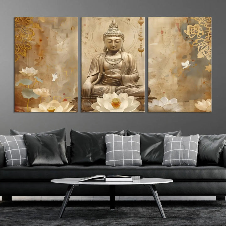 A peaceful Buddha Wall Art Canvas Print enhances the dark wall, creating an atmosphere of mindfulness.