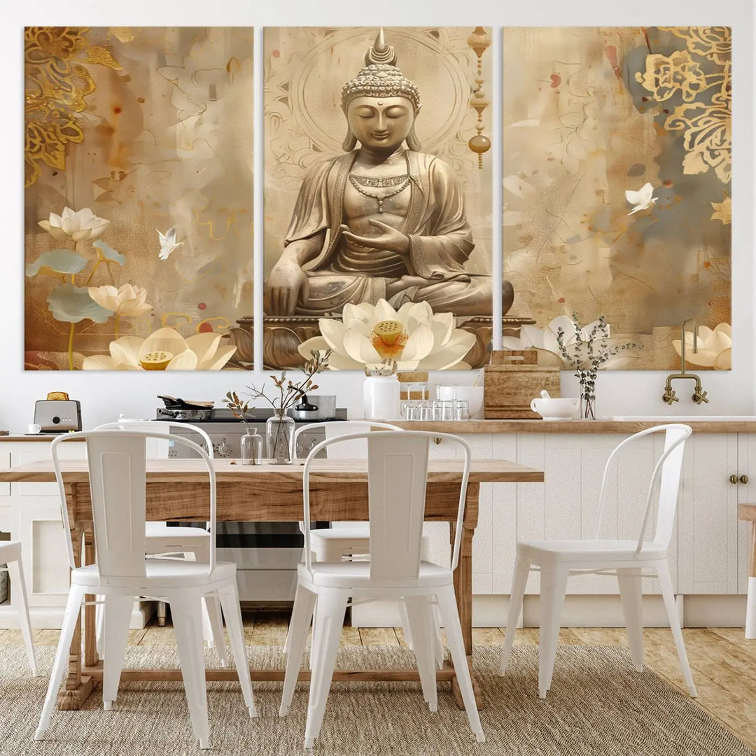 A peaceful Buddha Wall Art Canvas Print enhances the dark wall, creating an atmosphere of mindfulness.