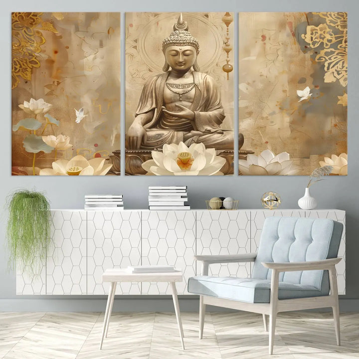 A peaceful Buddha Wall Art Canvas Print enhances the dark wall, creating an atmosphere of mindfulness.