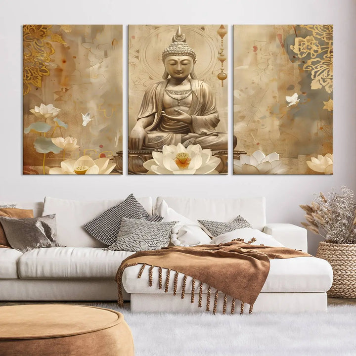 A peaceful Buddha Wall Art Canvas Print enhances the dark wall, creating an atmosphere of mindfulness.