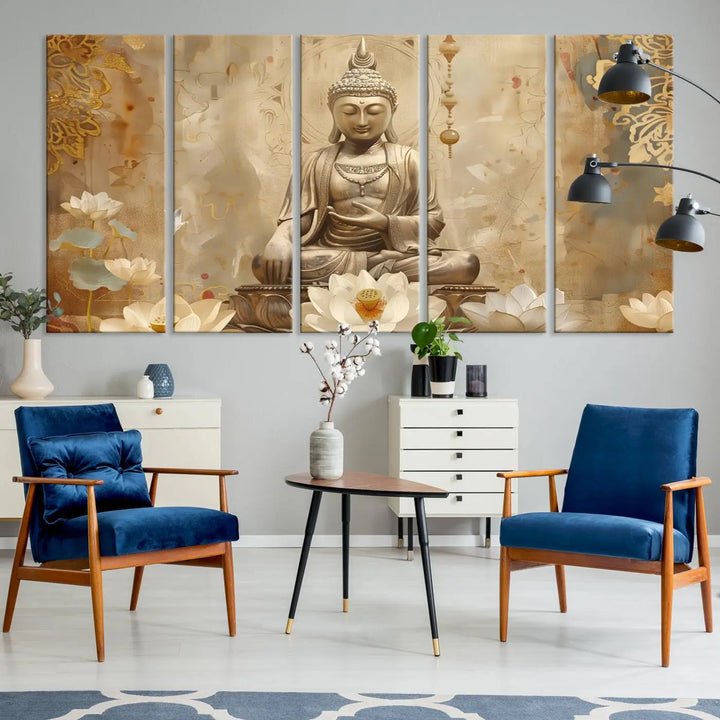 A peaceful Buddha Wall Art Canvas Print enhances the dark wall, creating an atmosphere of mindfulness.