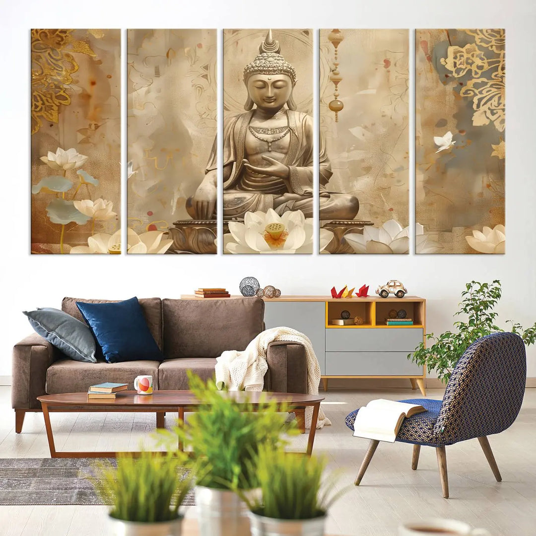 A peaceful Buddha Wall Art Canvas Print enhances the dark wall, creating an atmosphere of mindfulness.