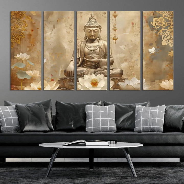 A peaceful Buddha Wall Art Canvas Print enhances the dark wall, creating an atmosphere of mindfulness.