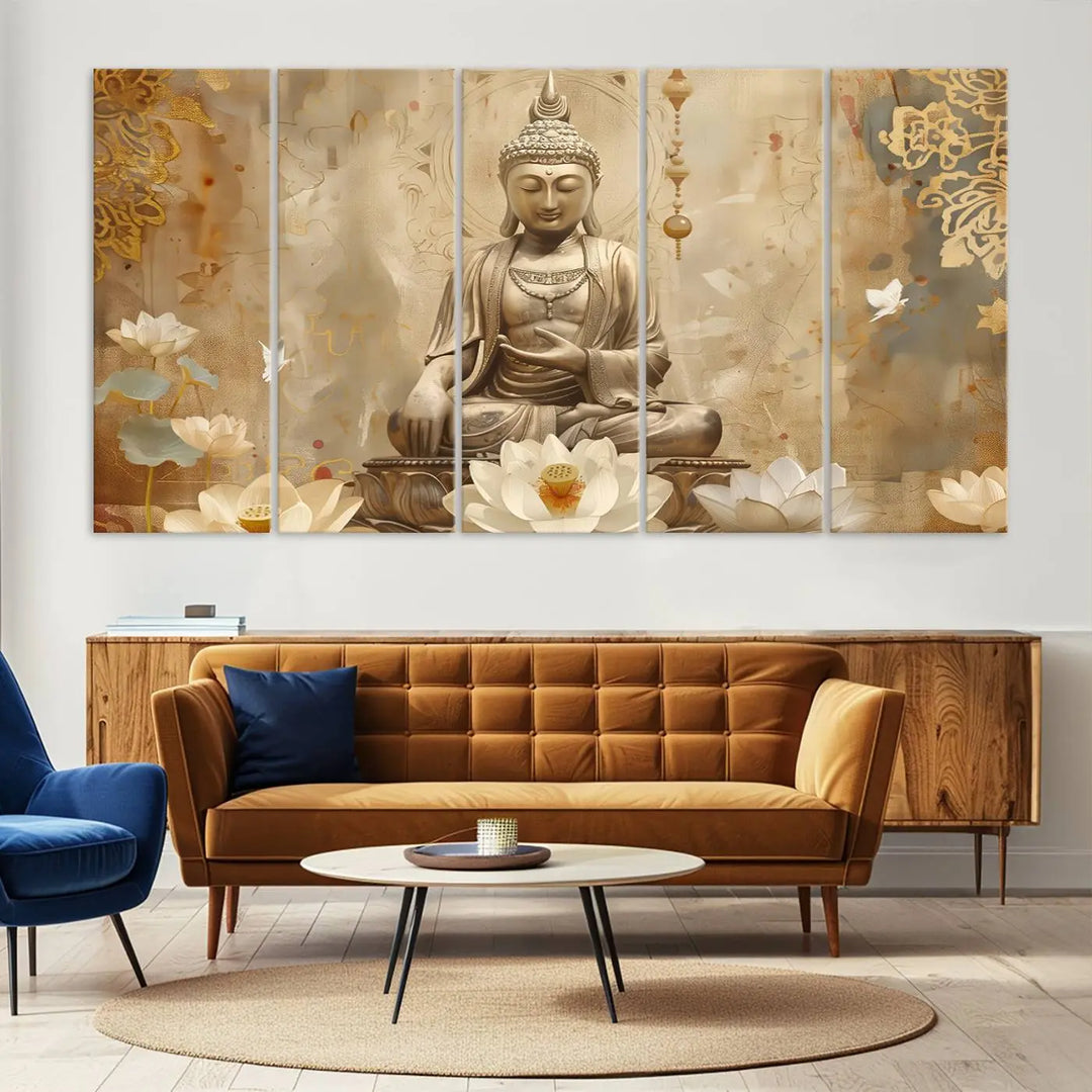 A peaceful Buddha Wall Art Canvas Print enhances the dark wall, creating an atmosphere of mindfulness.