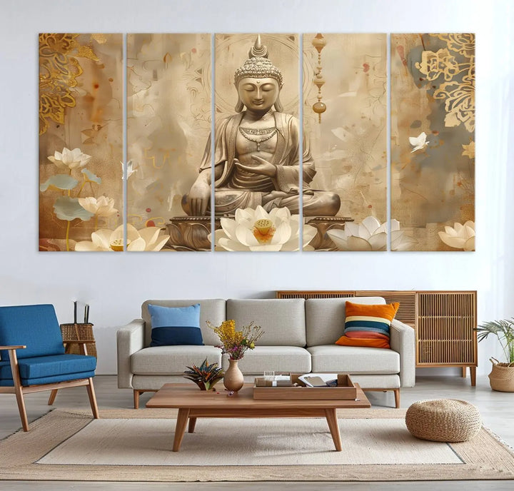 A peaceful Buddha Wall Art Canvas Print enhances the dark wall, creating an atmosphere of mindfulness.