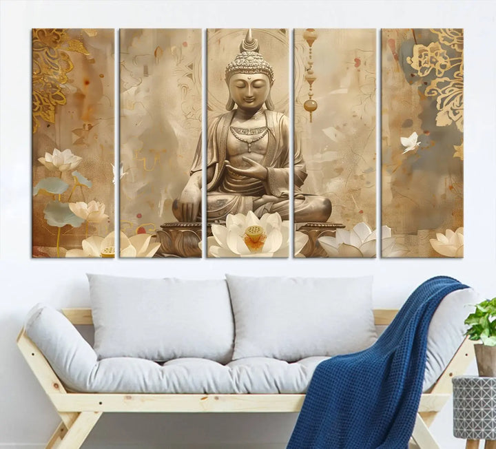 A peaceful Buddha Wall Art Canvas Print enhances the dark wall, creating an atmosphere of mindfulness.