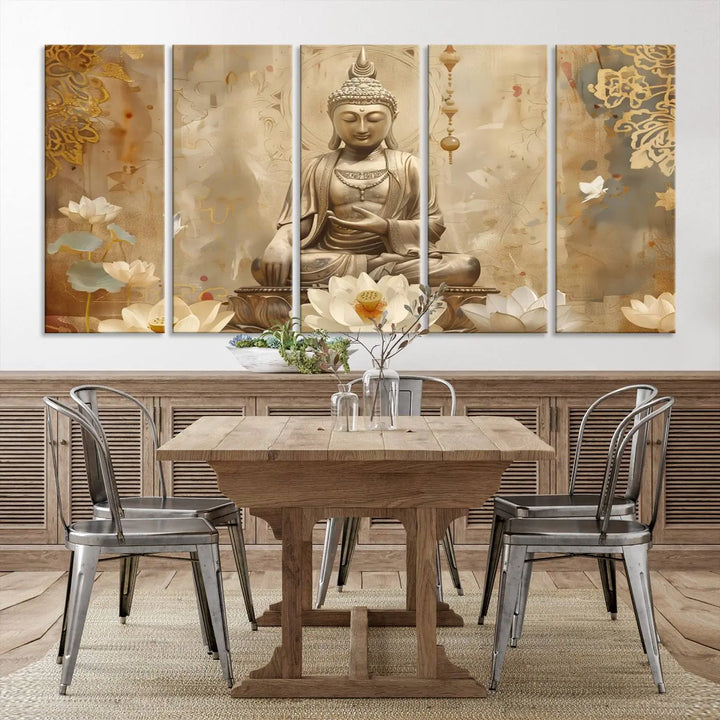 A peaceful Buddha Wall Art Canvas Print enhances the dark wall, creating an atmosphere of mindfulness.