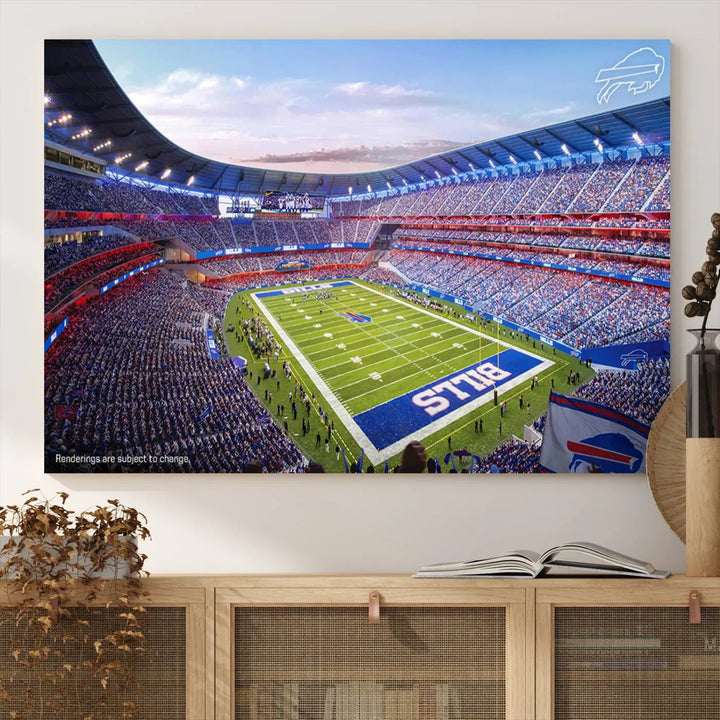 The modern dining room showcases a triptych featuring the Buffalo Bills Football Team Print on gallery-quality canvas, capturing the excitement of fans at Buffalo Highmark Stadium with an aerial view of the football field.