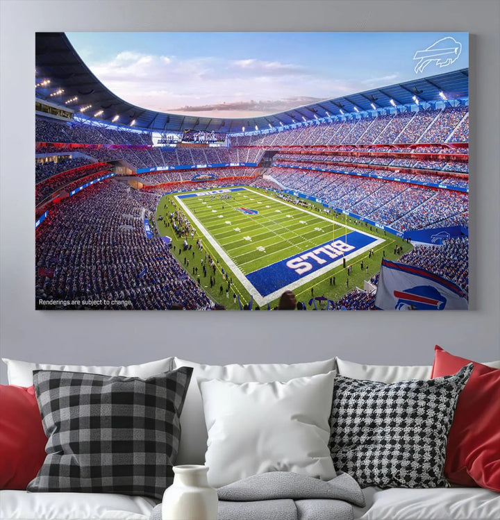 The modern dining room showcases a triptych featuring the Buffalo Bills Football Team Print on gallery-quality canvas, capturing the excitement of fans at Buffalo Highmark Stadium with an aerial view of the football field.