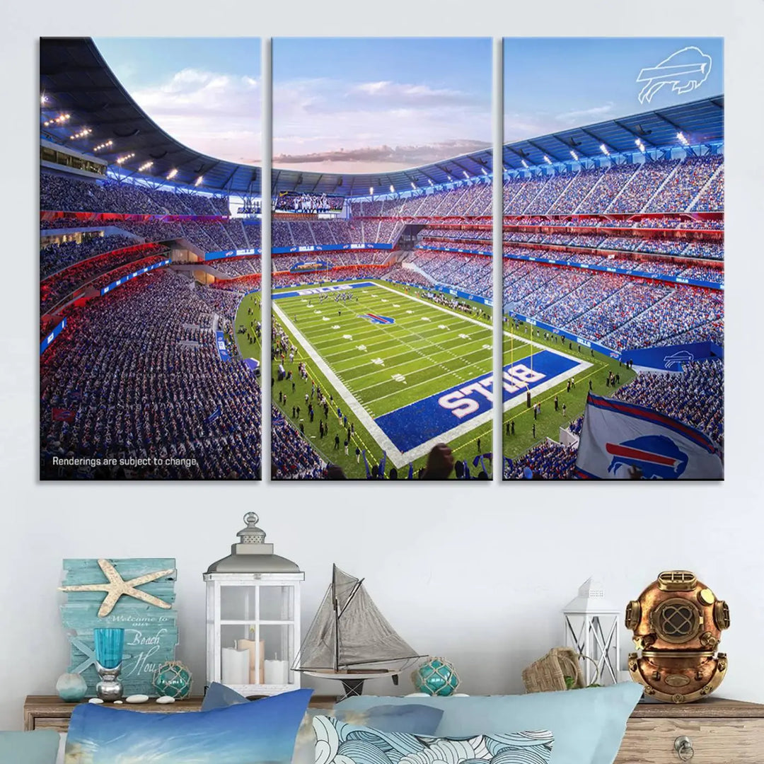 The modern dining room showcases a triptych featuring the Buffalo Bills Football Team Print on gallery-quality canvas, capturing the excitement of fans at Buffalo Highmark Stadium with an aerial view of the football field.