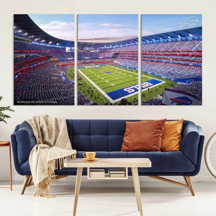 The modern dining room showcases a triptych featuring the Buffalo Bills Football Team Print on gallery-quality canvas, capturing the excitement of fans at Buffalo Highmark Stadium with an aerial view of the football field.